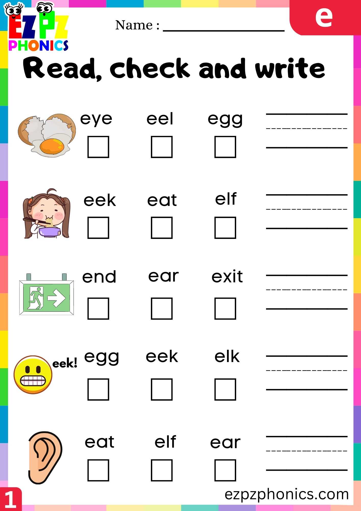 Letter E Read, Check And Write Beginning Sounds Worksheet